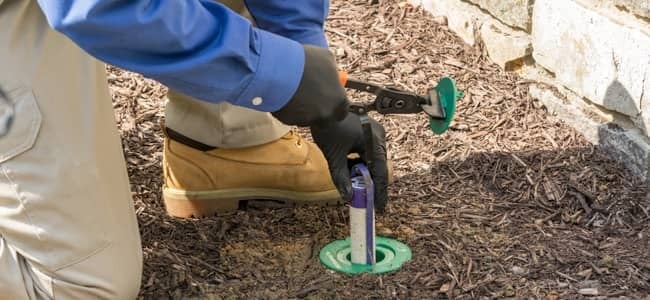 EntoLogic technician applying termite treatment around home foundation